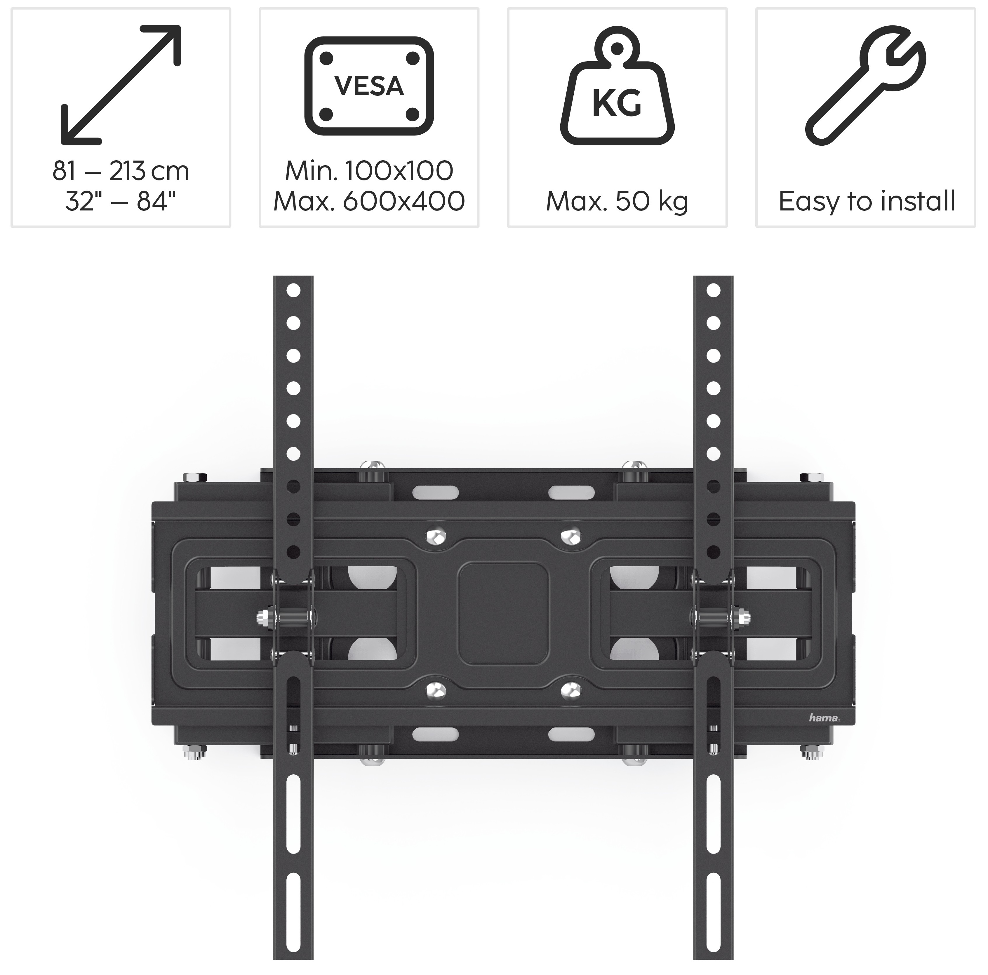 Czarny uchwyt ścienny do telewizora ze specyfikacjami rozmiaru i wagi oraz ikoną klucza.