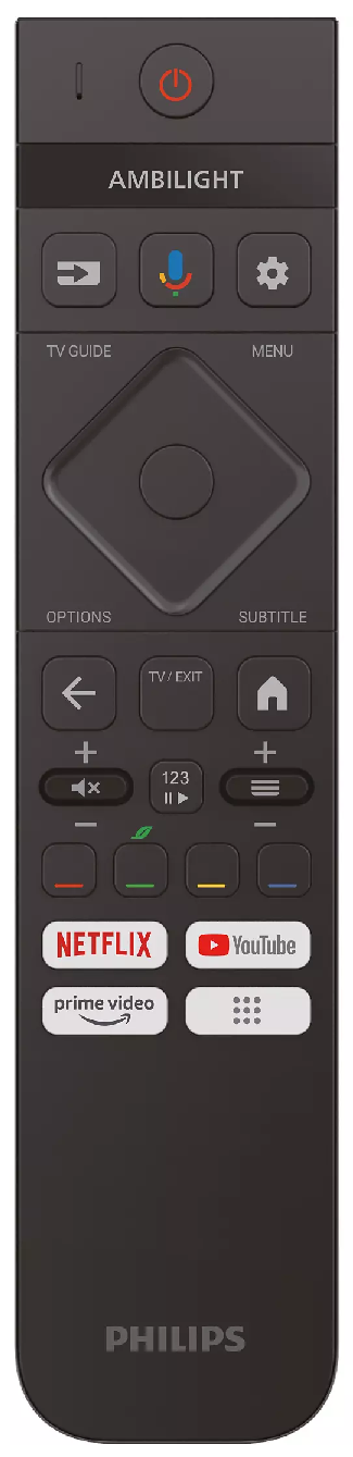 Czarny pilot Philips z wieloma przyciskami. Zawiera Netflix, YouTube i przyciski menu.