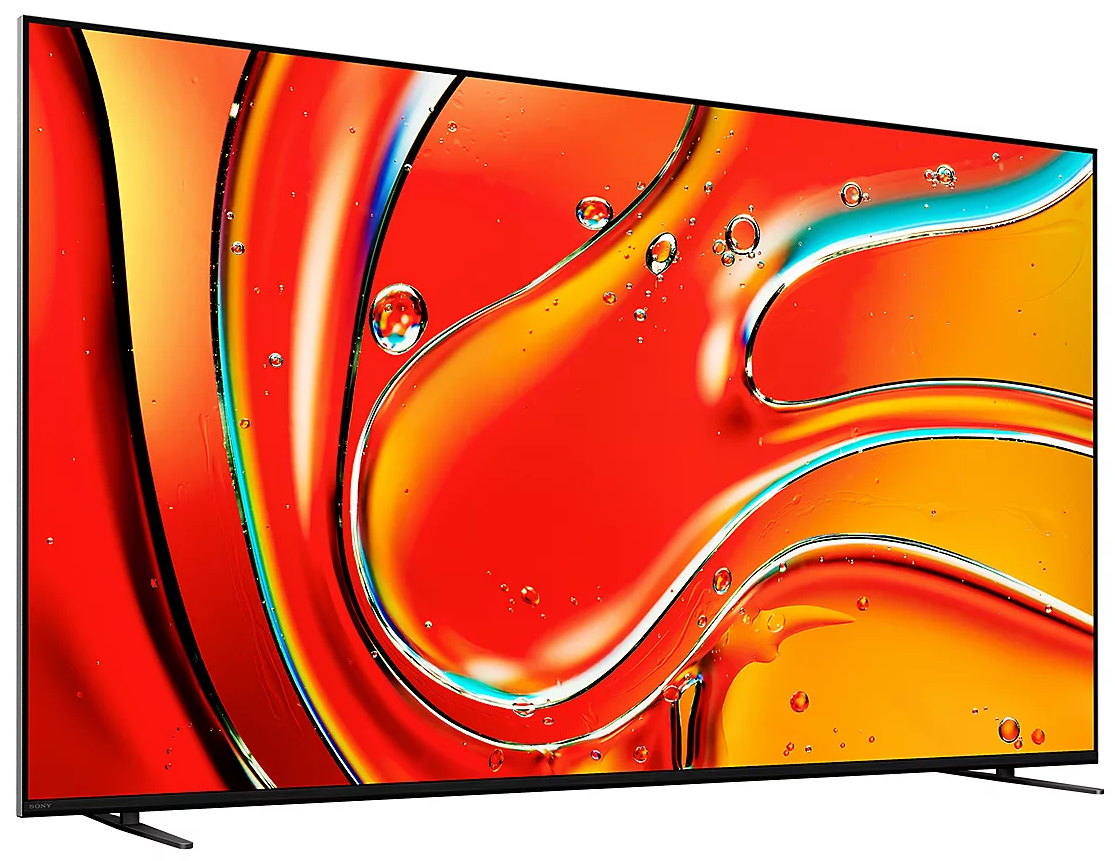 Duży telewizor z płaskim ekranem z kolorowym abstrakcyjnym wzorem, czarną ramą i podstawą.