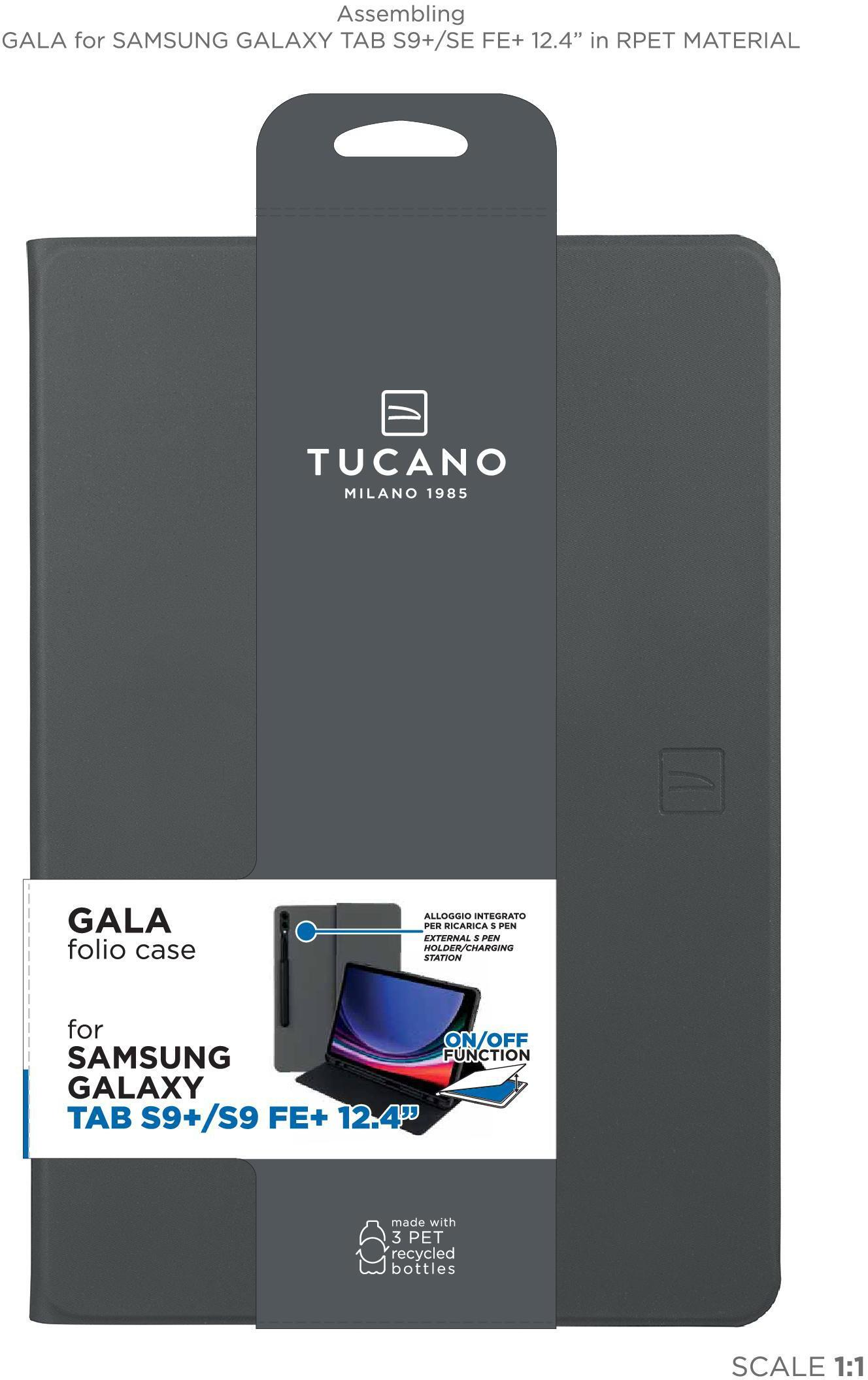 Confezione grigia di custodia per telefono con dettagli del prodotto e logo del marchio.