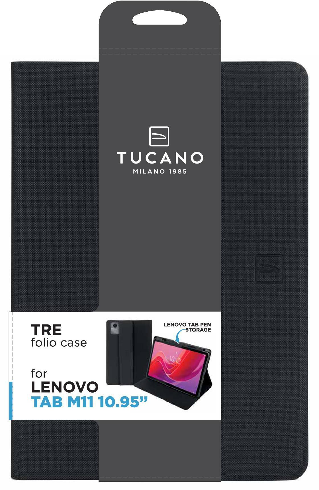 Schwarze Tablethülle mit TUCANO-Logo und Tablet.