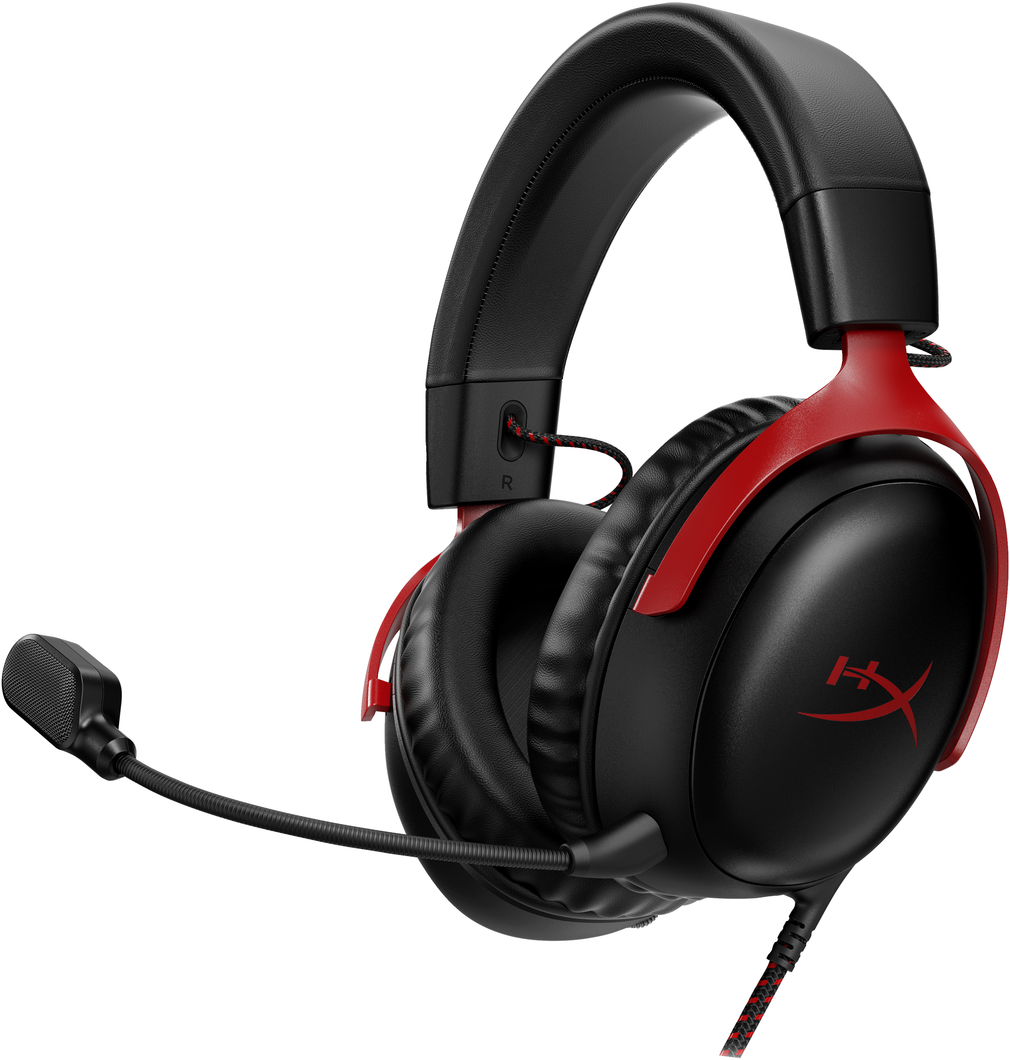 Schwarzes und rotes HyperX Gaming-Headset. Mikrofon und Kabel sichtbar. Weißer Hintergrund.