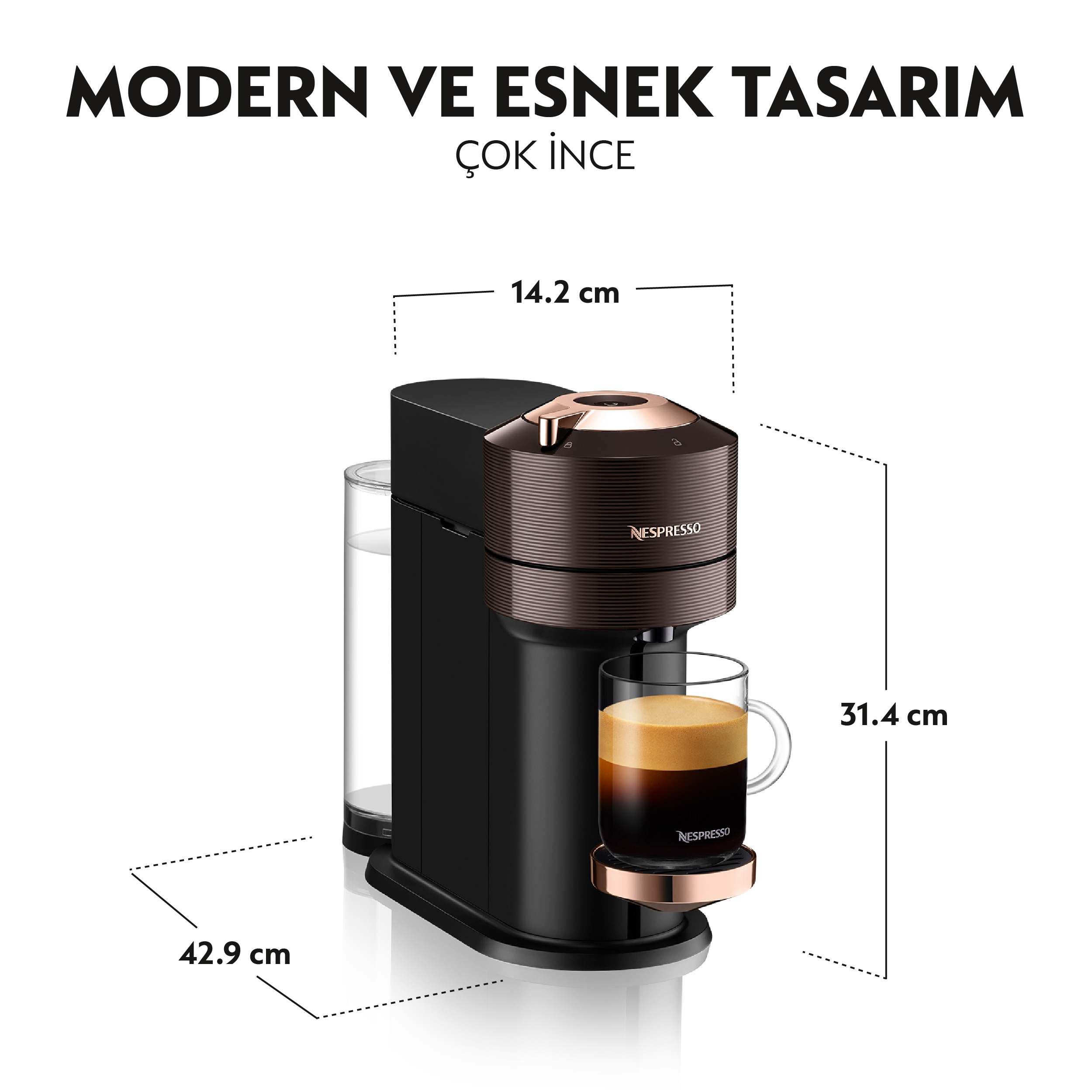 Bir fincanla kahve makinesi. Nespresso makinesi, resimde belirtilen boyutlarla.