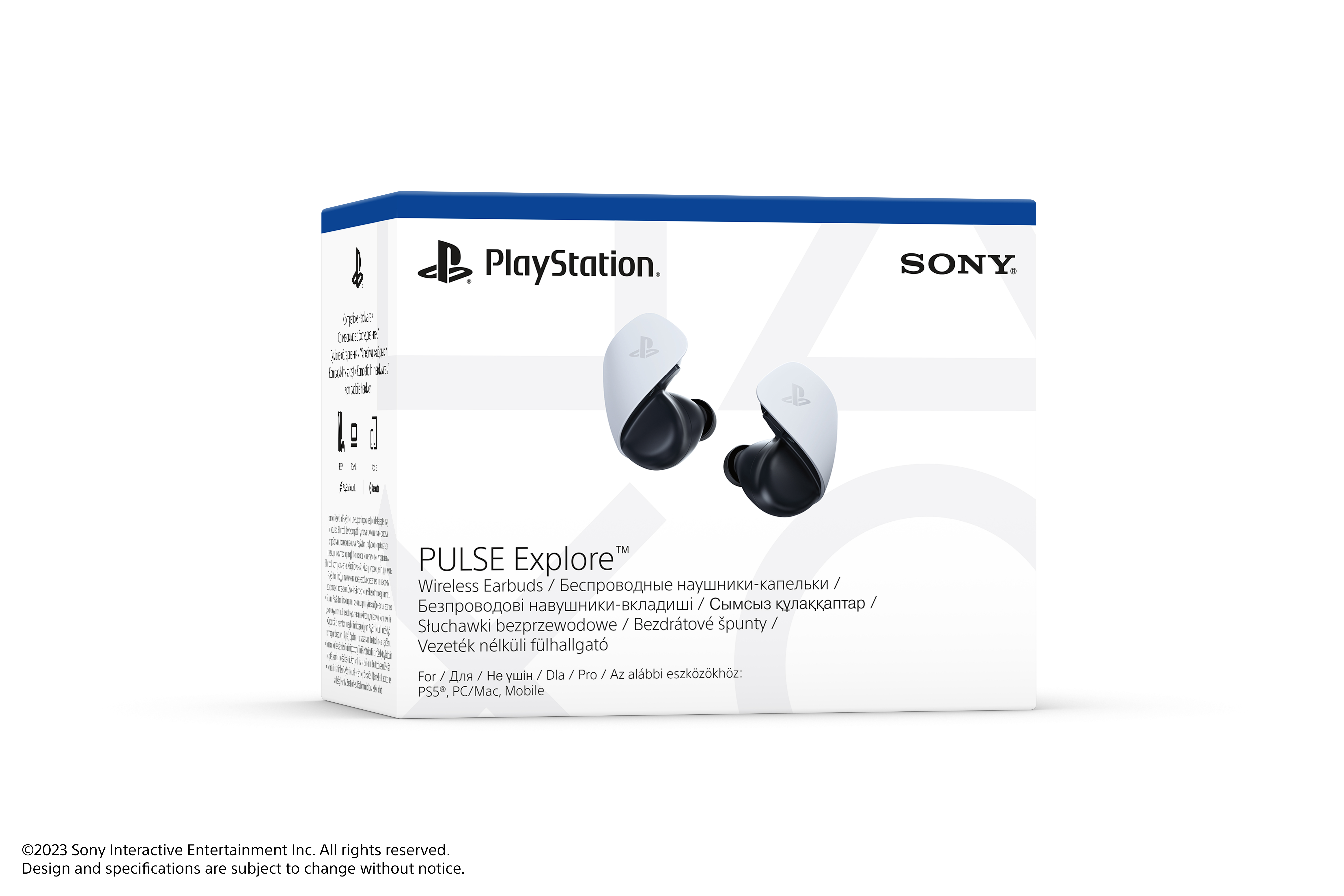 Beyaz bir yüzey üzerinde, kulaklık grafiği olan beyaz bir PlayStation Pulse Explore kablosuz kulaklık kutusu.