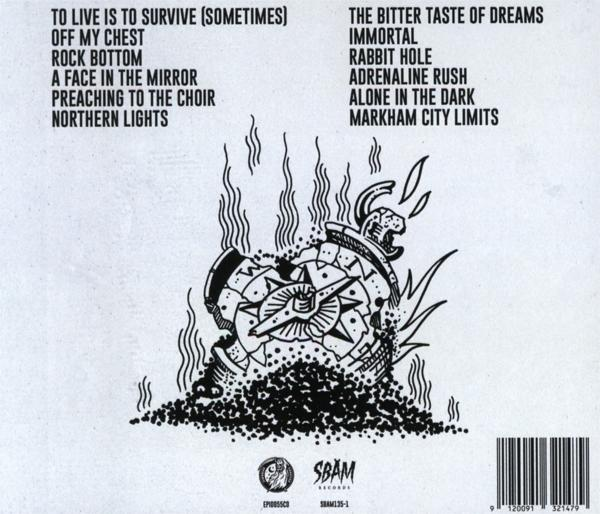 Album-Rückseite mit Songtiteln und einer Schwarz-Weiß-Illustration.
