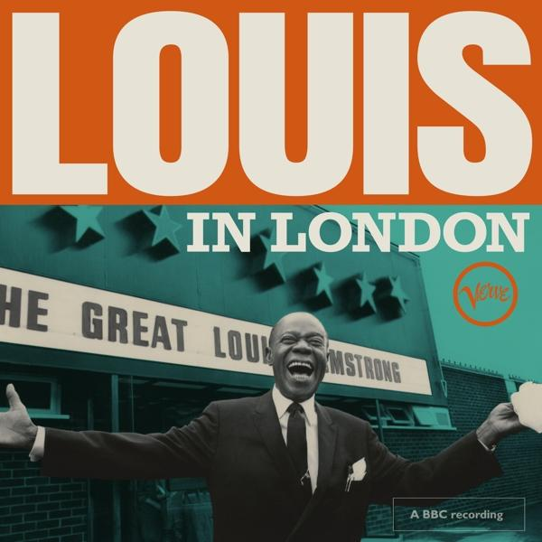 Albumcover: Louis Armstrong lächelt, Titel und Gebäudeaußenansicht. Orange und Weiß.