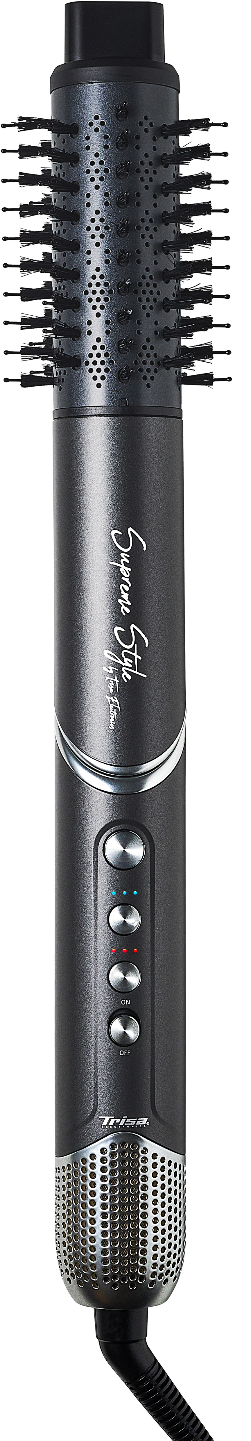 Une brosse à coiffer noire avec des accents argentés et des boutons avec les mots 'Supreme Style'.
