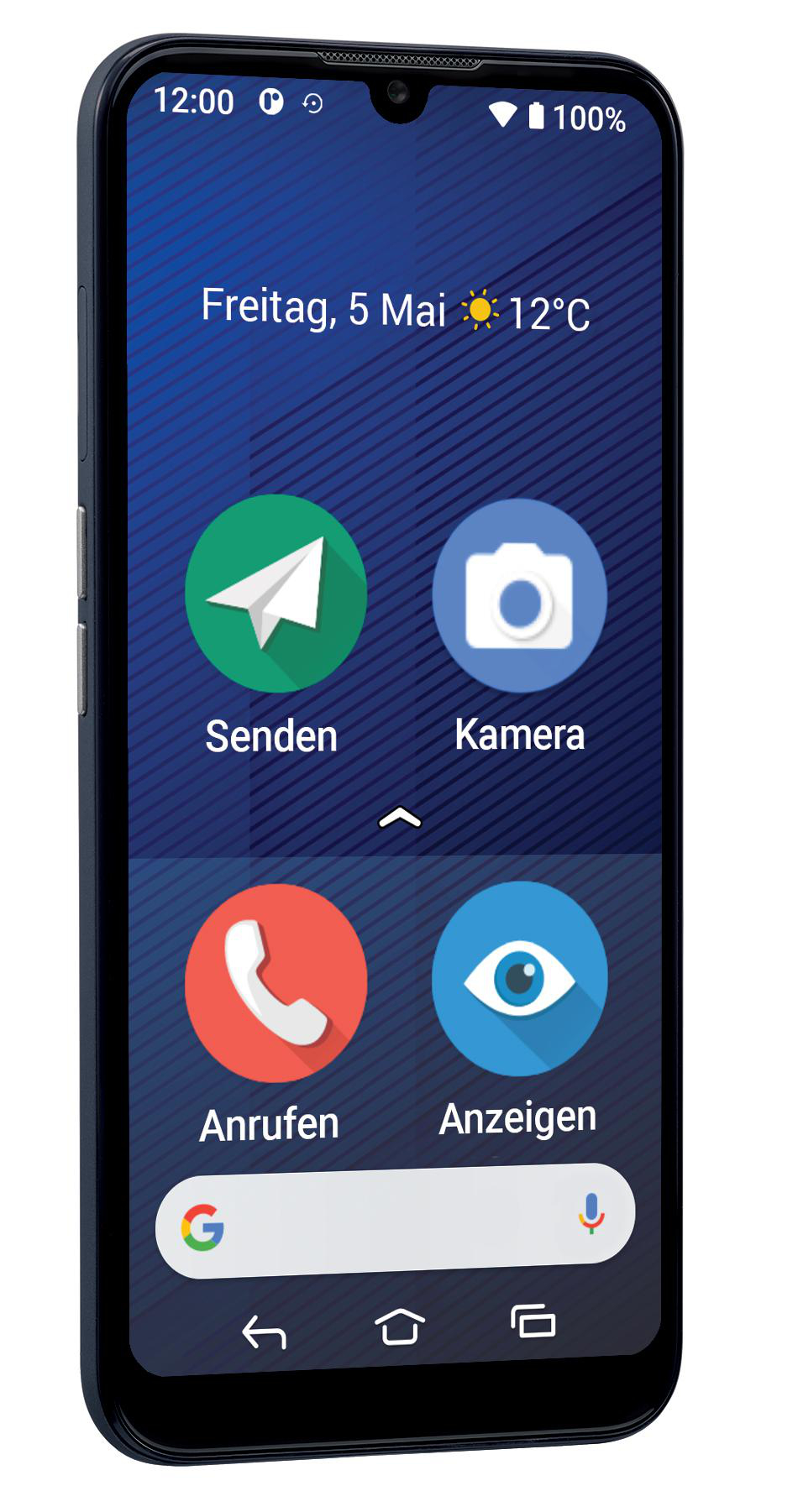Ein blaues Smartphone, das eine Benutzeroberfläche mit App-Symbolen anzeigt.