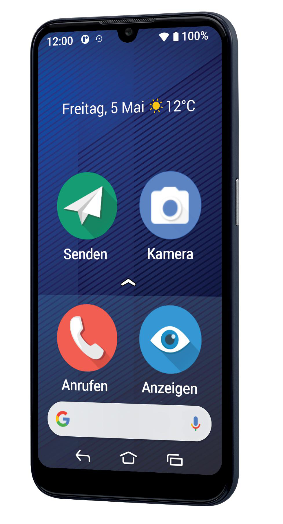 Smartphone mit großen Symbolen auf dem Bildschirm; Uhrzeit, Datum und Wetterinfo.