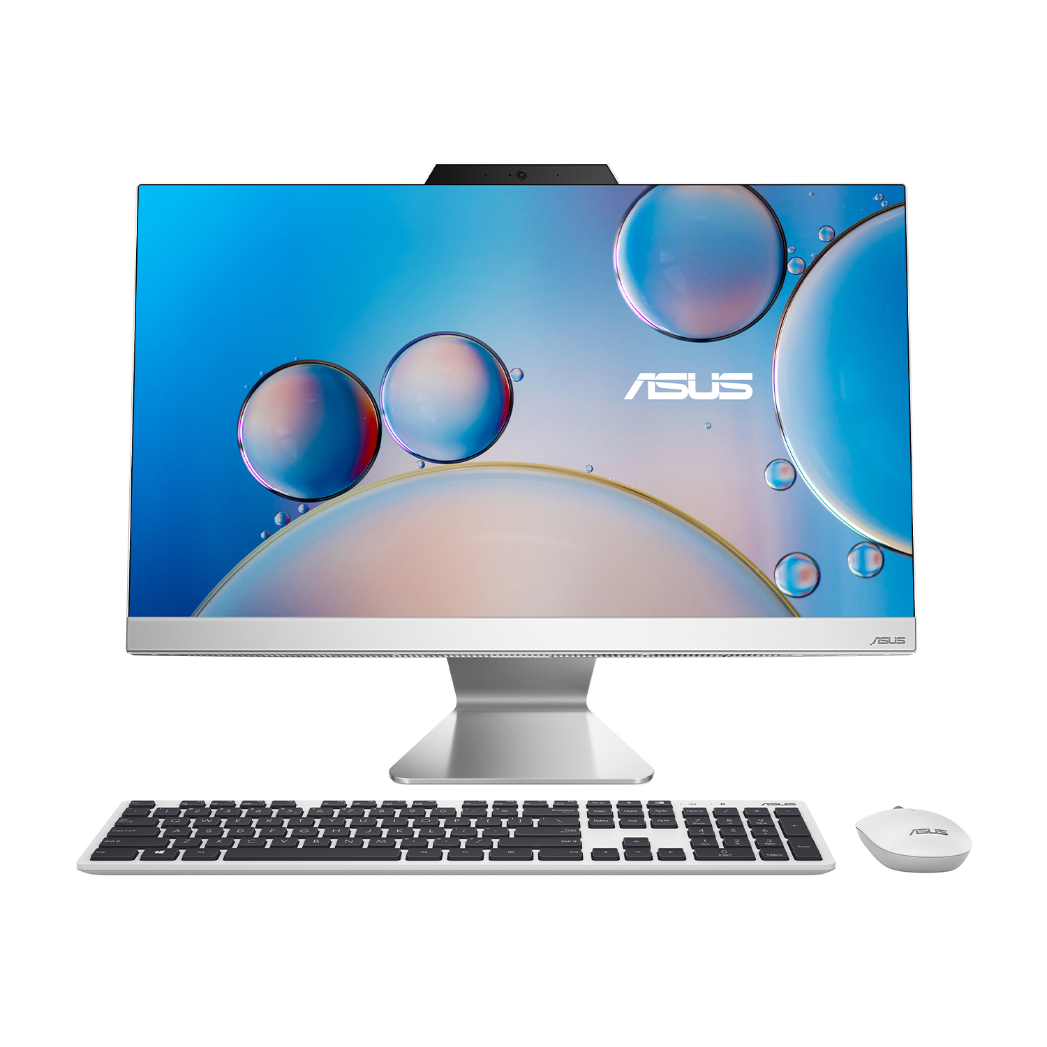 Computer desktop ASUS all-in-one argentato con tastiera, mouse e webcam.