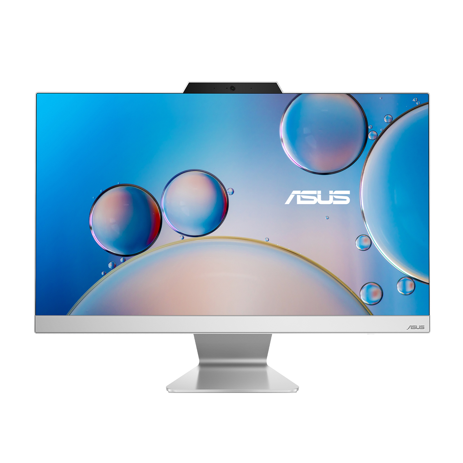Monitor per computer all-in-one argentato. Ha una webcam in alto. Uno sfondo blu e bianco.