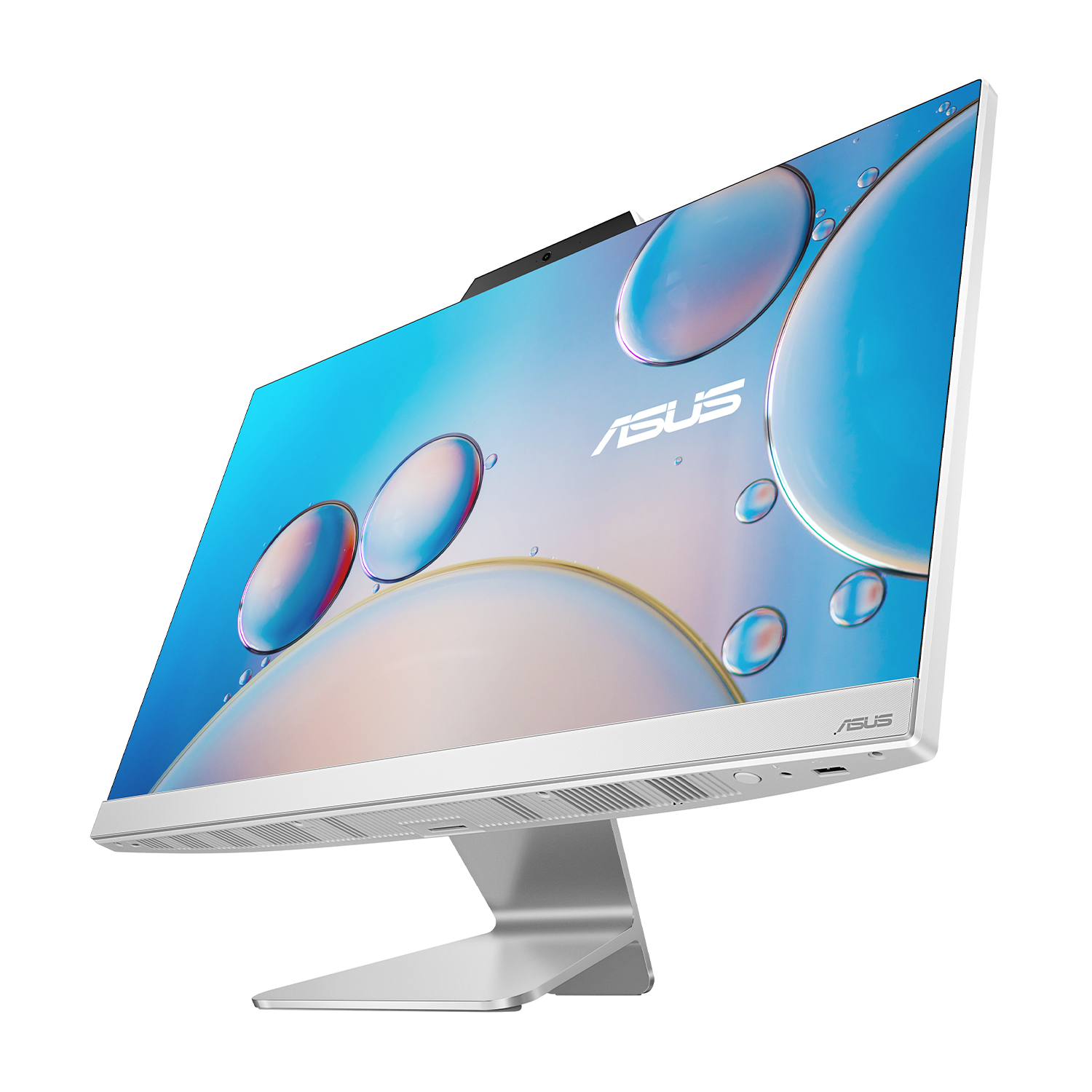 PC all-in-one bianco e argento. Ha un grande schermo, webcam e supporto argentato.