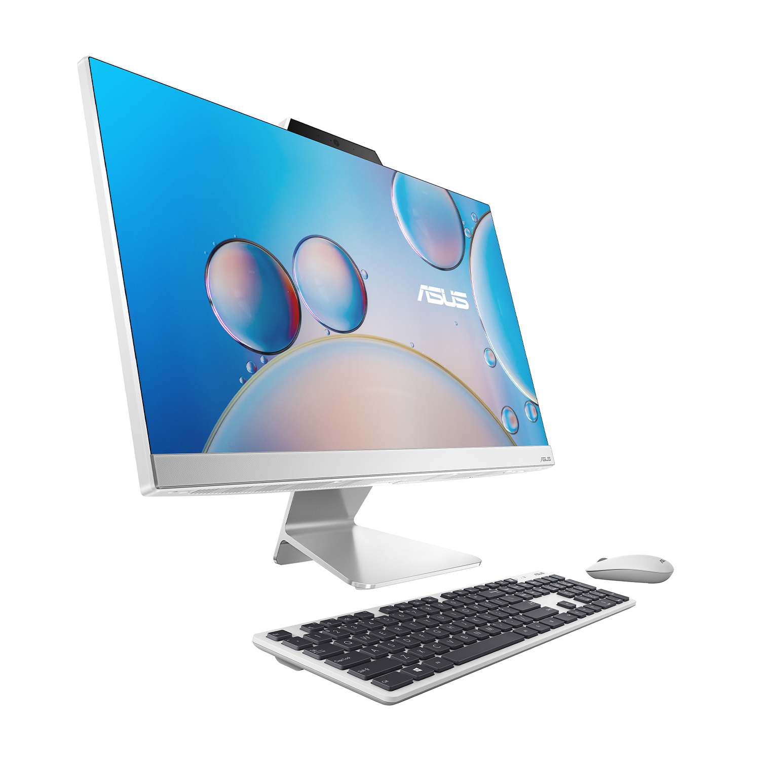Computer all-in-one Asus: cornice bianca, tastiera e mouse. Lo schermo mostra un'immagine astratta colorata.