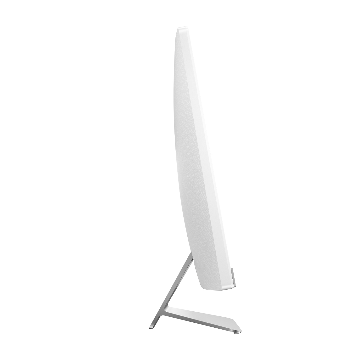 Vista laterale di un monitor per computer bianco con supporto argentato. Sfondo bianco.