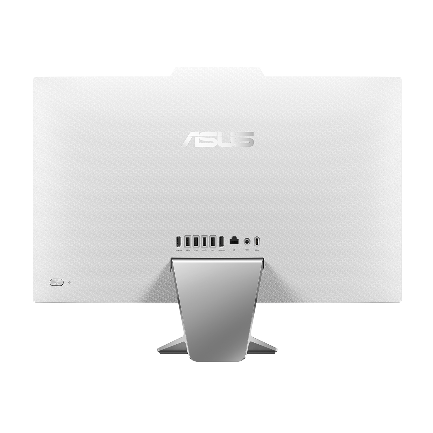 Retro di un computer ASUS bianco. Porte e supporto visibili. Sfondo bianco.