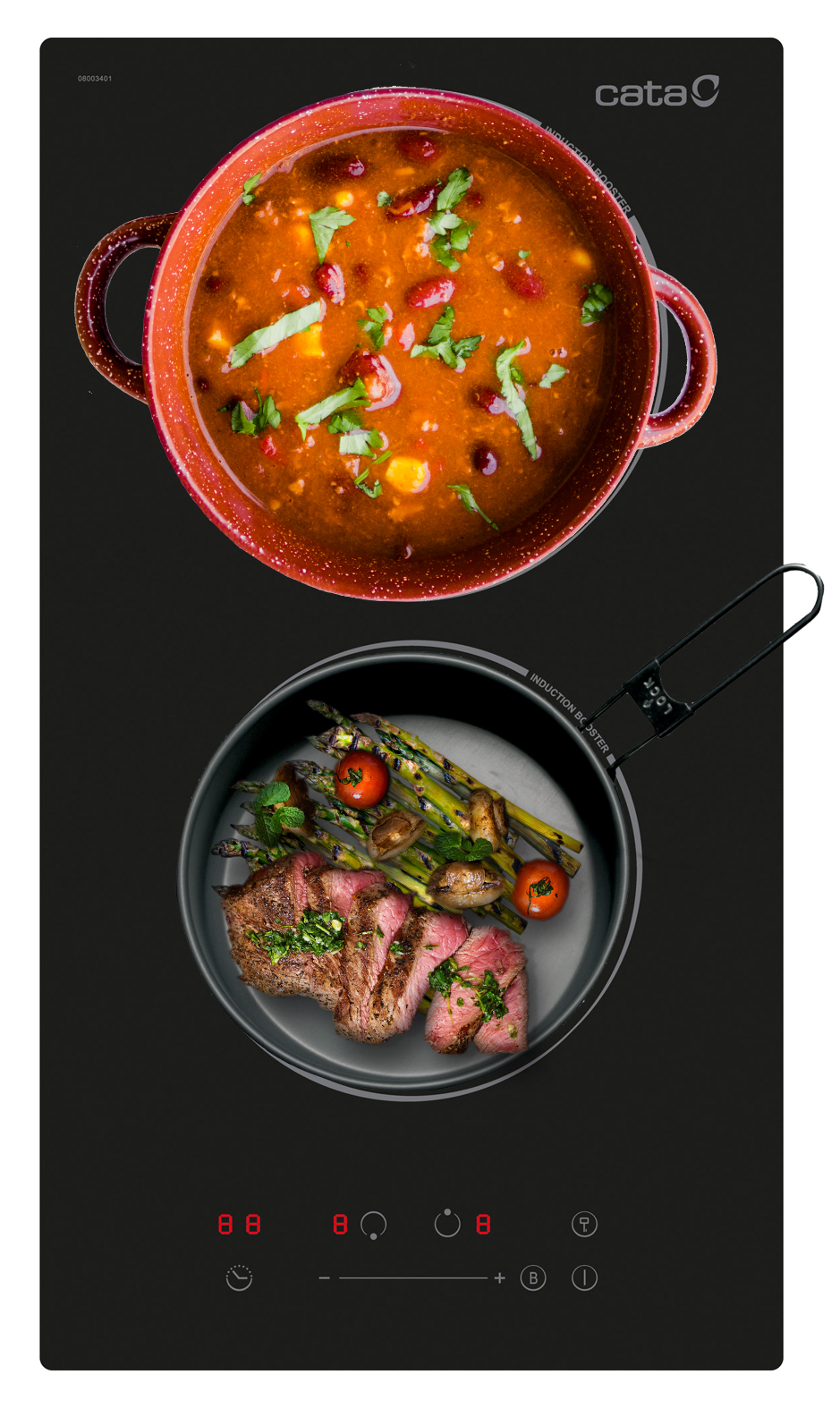 Indukciós főzőlap ételekkel. Leves egy edényben és steak spárgával egy serpenyőben.