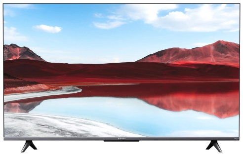Telewizor panoramiczny wyświetlający krajobraz z czerwonym pasmem górskim.