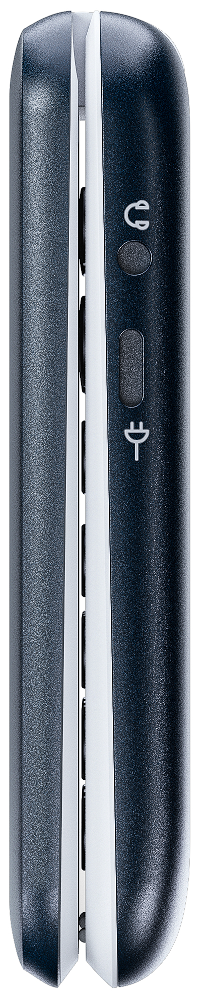 Seitenansicht eines geschlossenen, dunkelblauen Klapphandys mit weißem Scharnier.