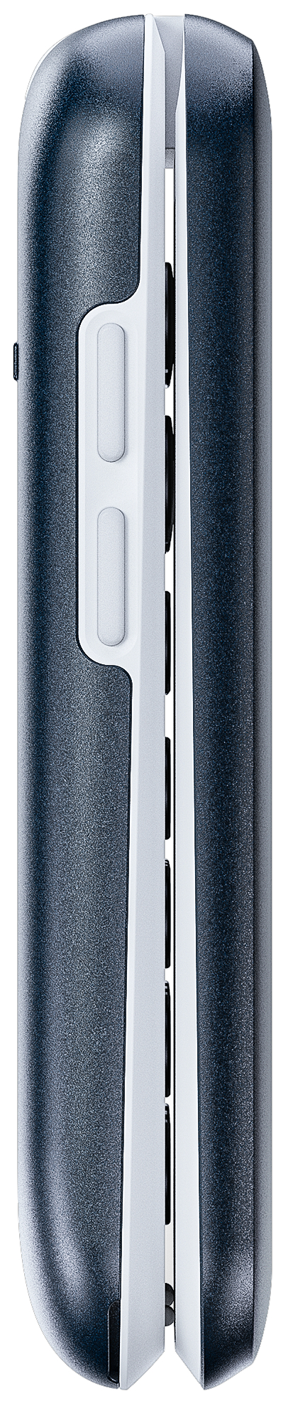 Ein dunkelblaues Telefon mit einer weißen Seitenverkleidung. Das Telefon ist geschlossen.