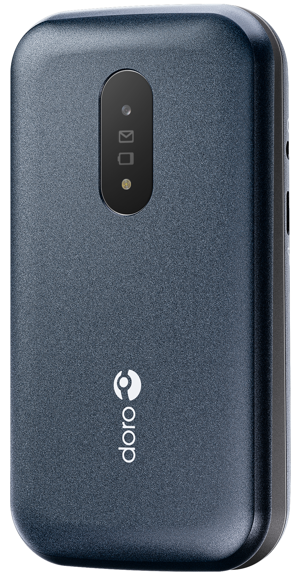Dunkelblaues Klapphandy. Das Doro-Logo ist auf dem Telefon sichtbar.