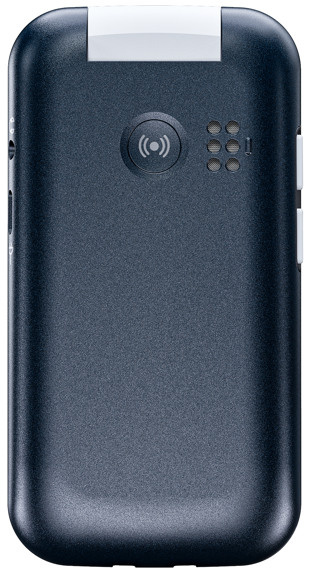 Dunkelblaues Gerät. Rückseite mit erhabenem Kreis, Punkten und weißer Oberseite. Weißer Hintergrund.