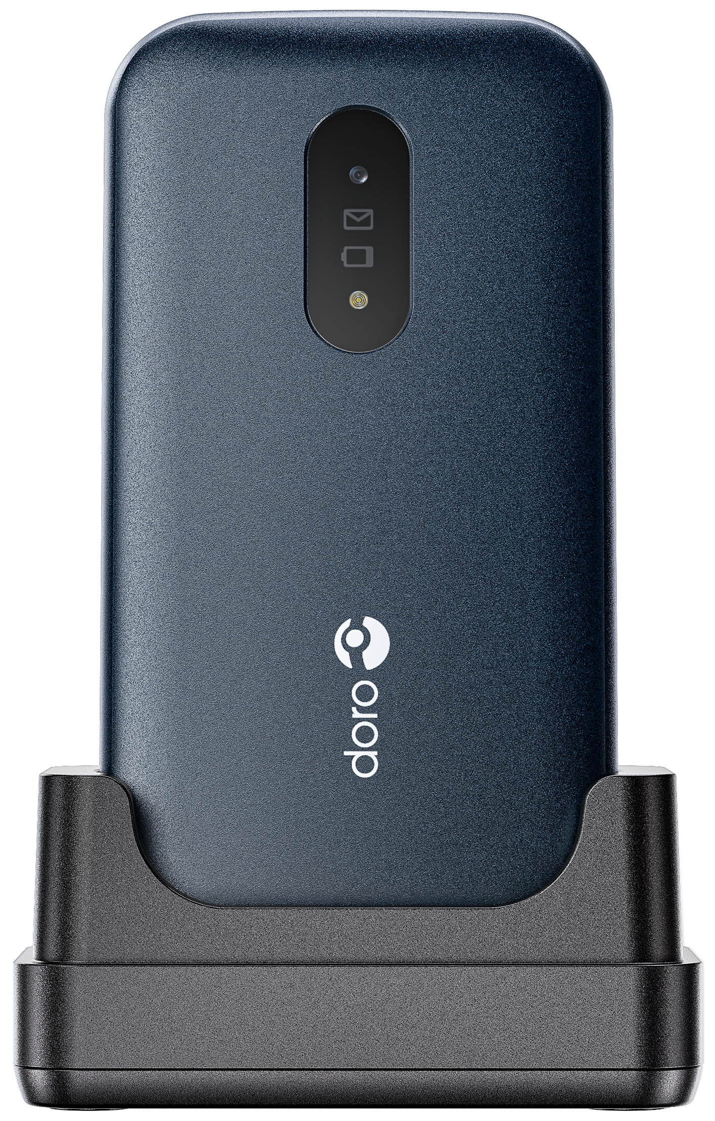 Ein blaues Klapphandy auf einer Ladestation, vor weißem Hintergrund.