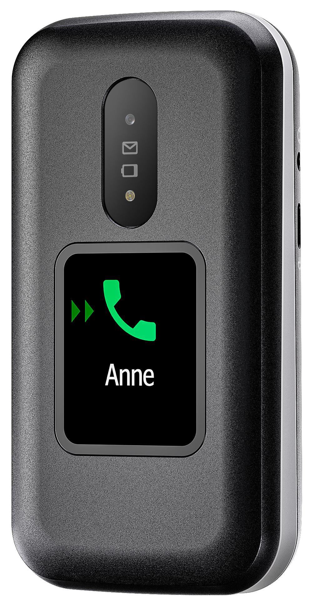 Geschlossenes Klapphandy mit Anne auf dem Bildschirm, grünes Telefonsymbol.