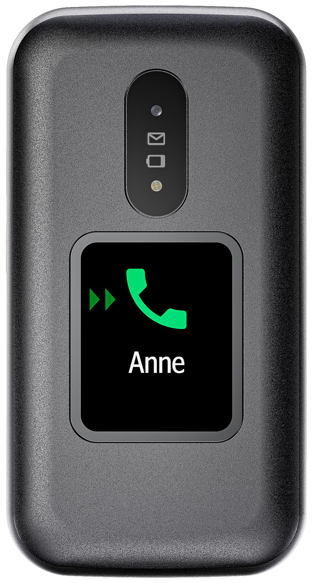 Klapphandy, grau, zeigt einen Anrufbildschirm mit Namen und grünem Telefonsymbol.