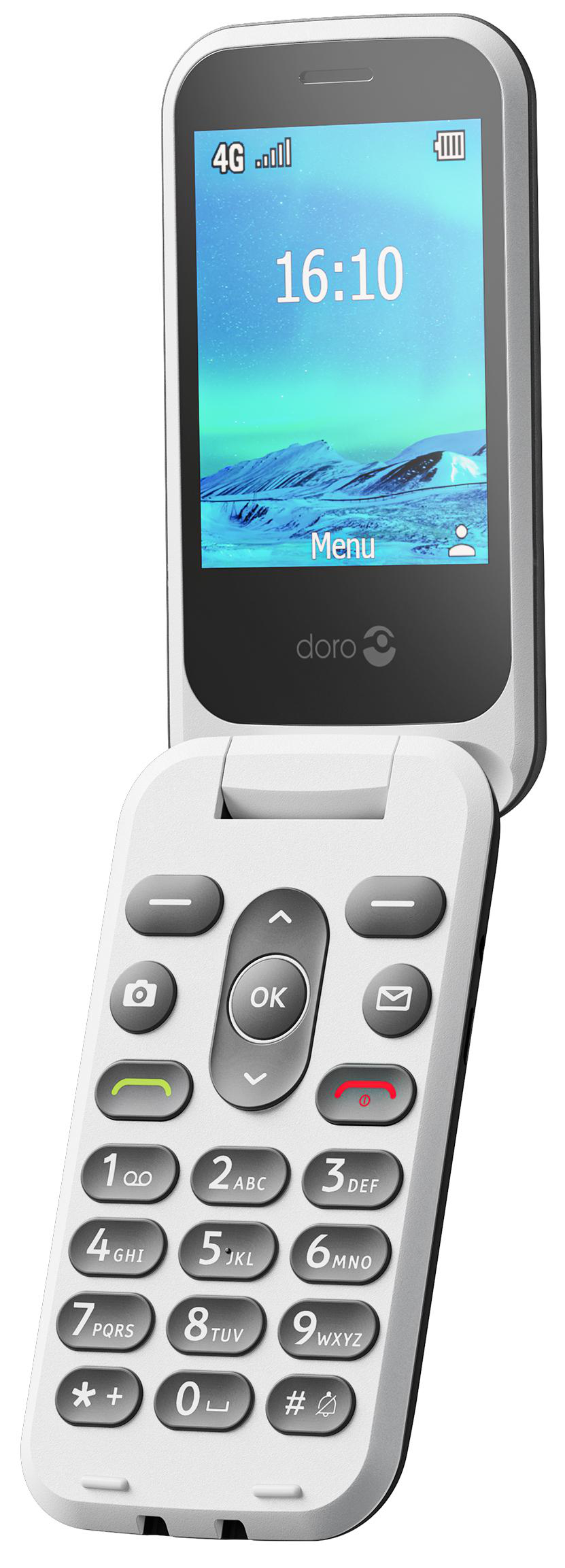 Weißes Klapphandy offen, zeigt Tastatur und Bildschirm mit der Zeit 16:10. Das Telefon ist weiß.