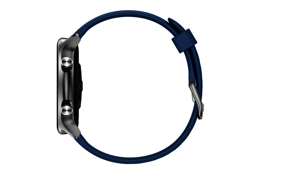 Smartwatch mit blauem Armband, Seitenansicht.
