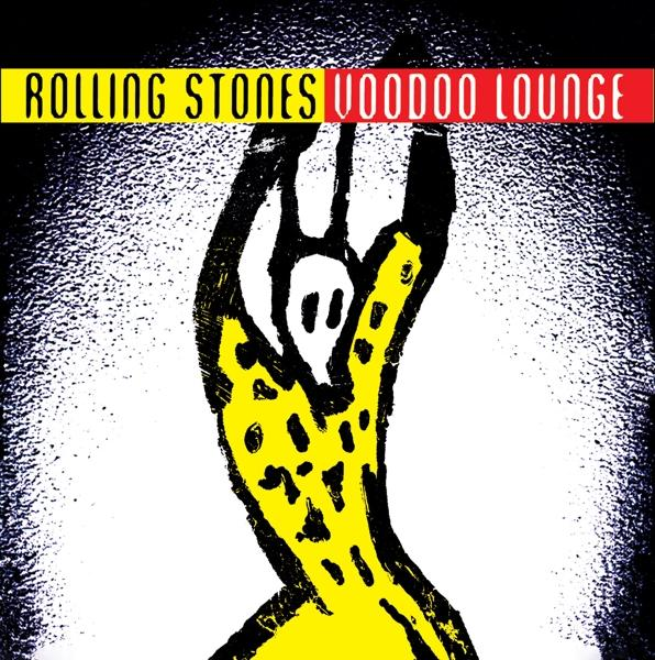 Albumcover: Rolling Stones' Voodoo Lounge. Schwarze und gelbe abstrakte Figur mit weißem Gesicht.