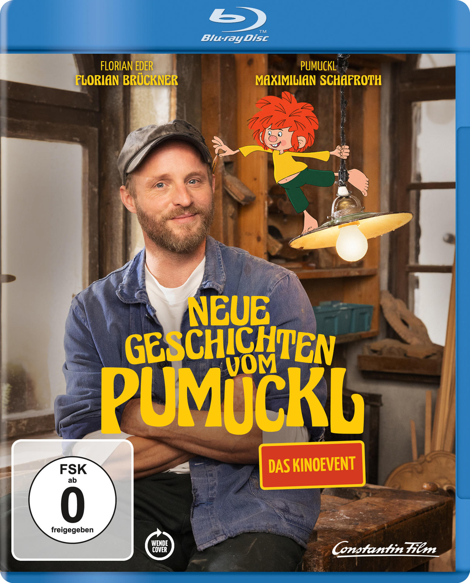 Blu-ray-Disc-Cover mit Mann und Cartoonfigur, Titel: 'Neue Geschichten vom Pumuckl'.