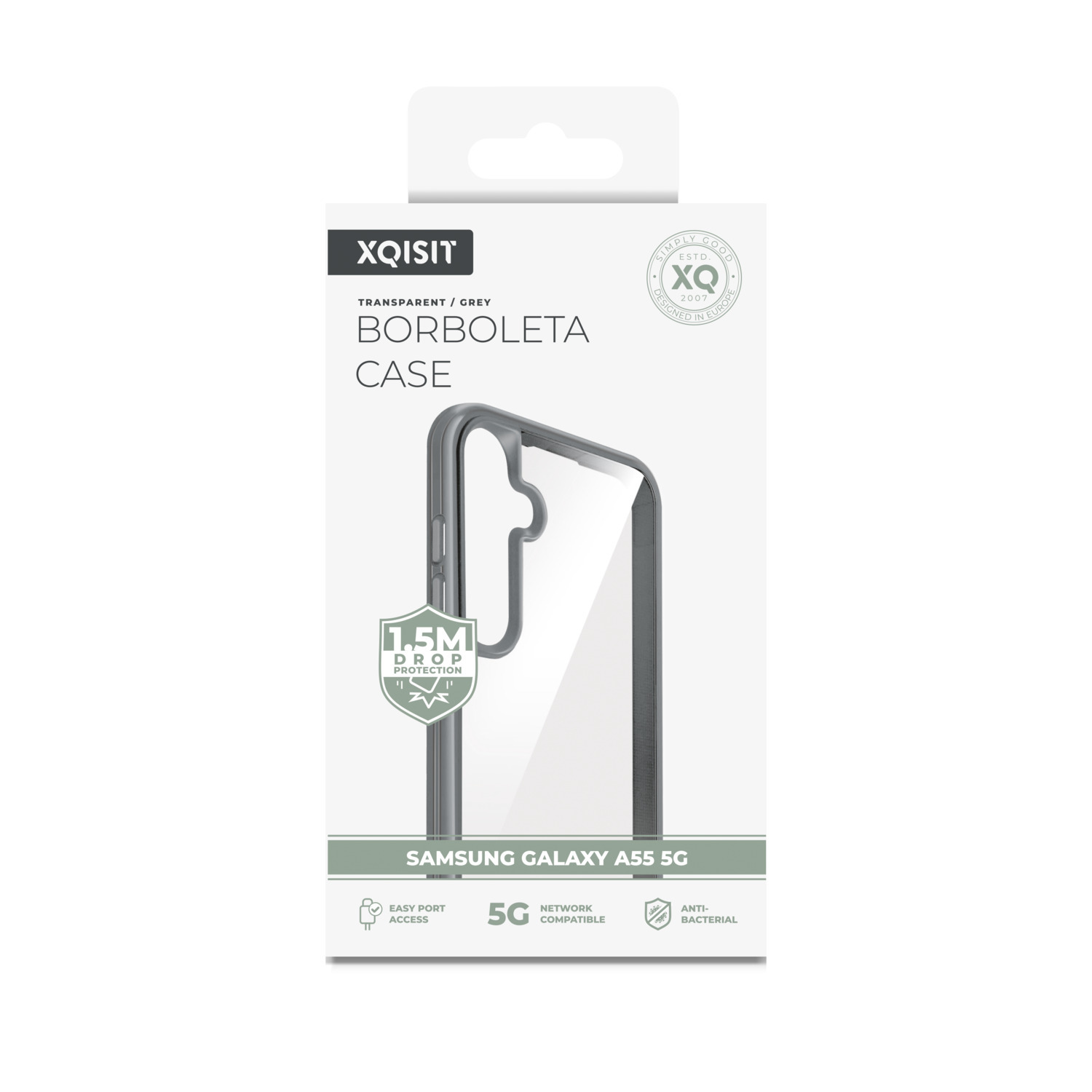 Emballage d'étui de téléphone. C'est un étui transparent pour un téléphone Samsung Galaxy A55 5G.