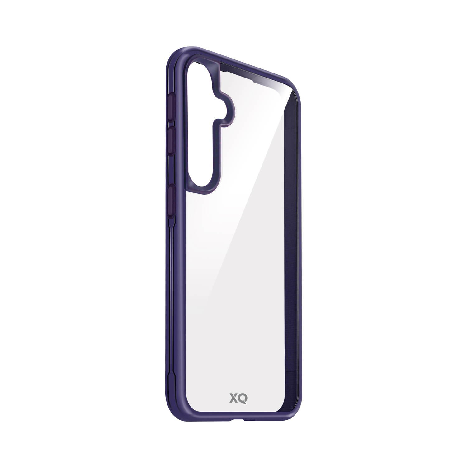 Une coque de téléphone transparente avec une bordure violette, montrant le dos du téléphone, isolée sur blanc.