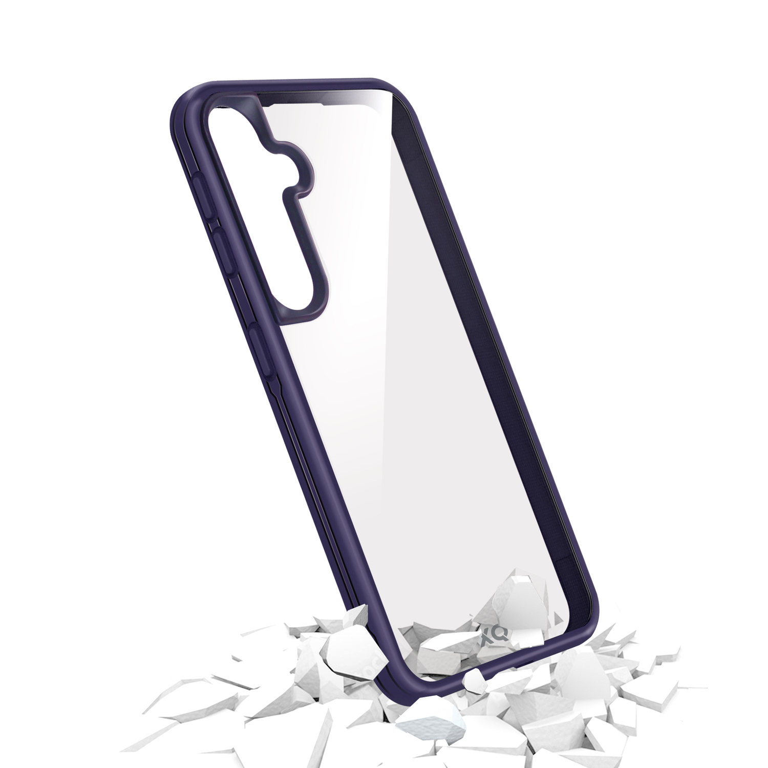 Un étui de téléphone transparent tombant sur des morceaux blancs cassés.