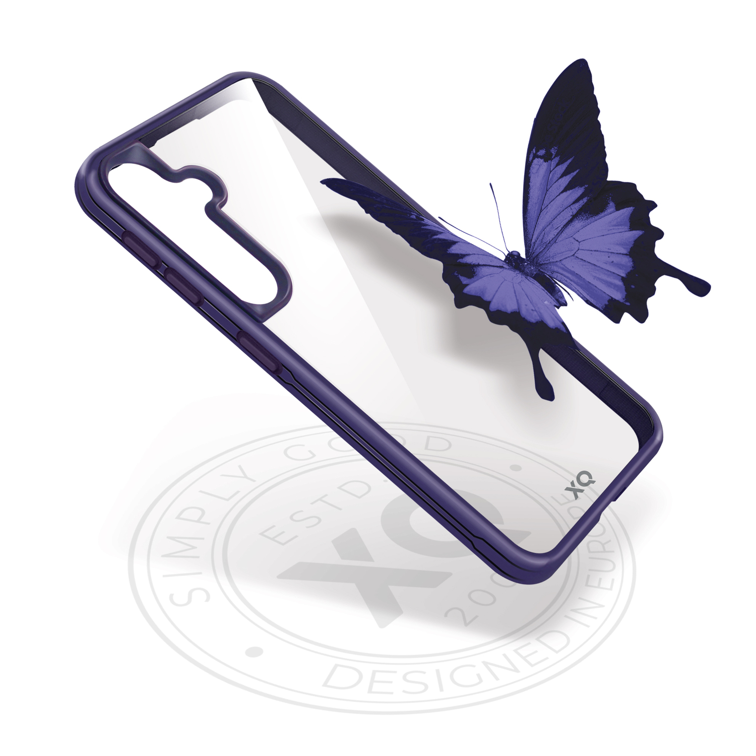 Coque de téléphone violette avec un papillon sur fond blanc.