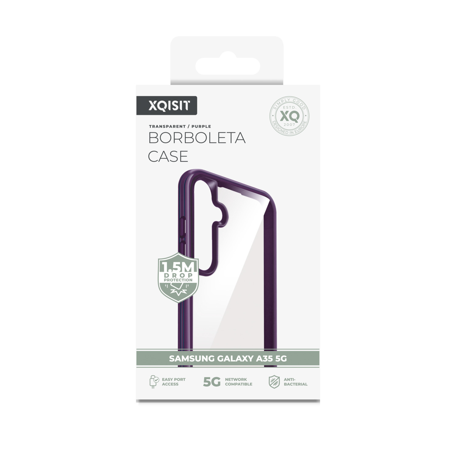 Coque de protection pour Samsung Galaxy A35 5G, bordure violette et intérieur blanc.