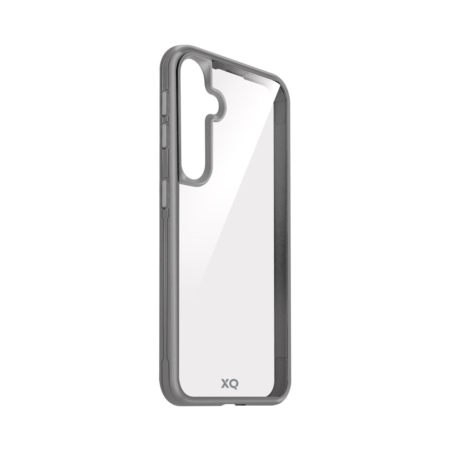 Coque de smartphone transparente et grise. Montre le côté avec boutons et découpe caméra.