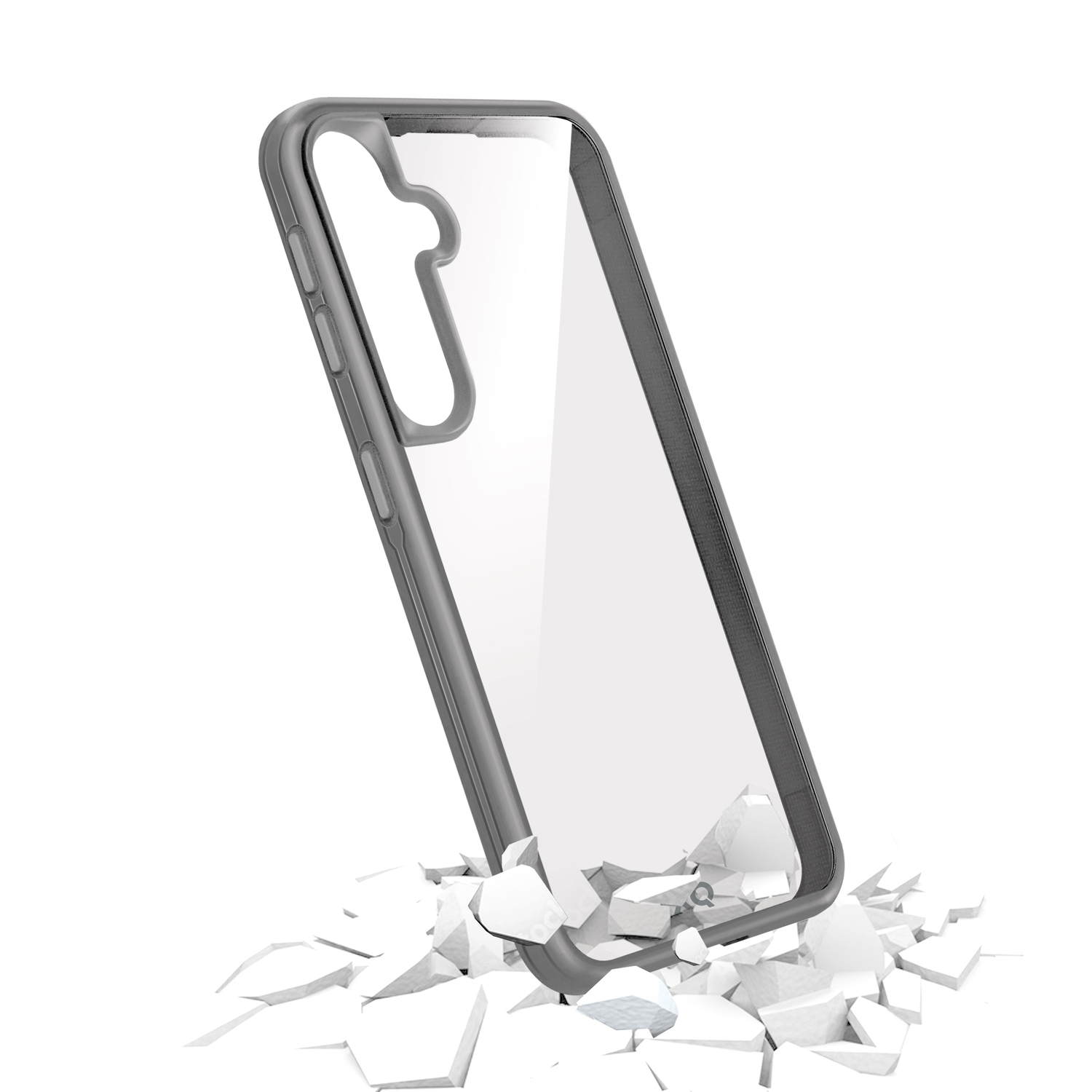 Un étui de téléphone, gris et transparent, est testé. Il se brise sur une surface blanche.