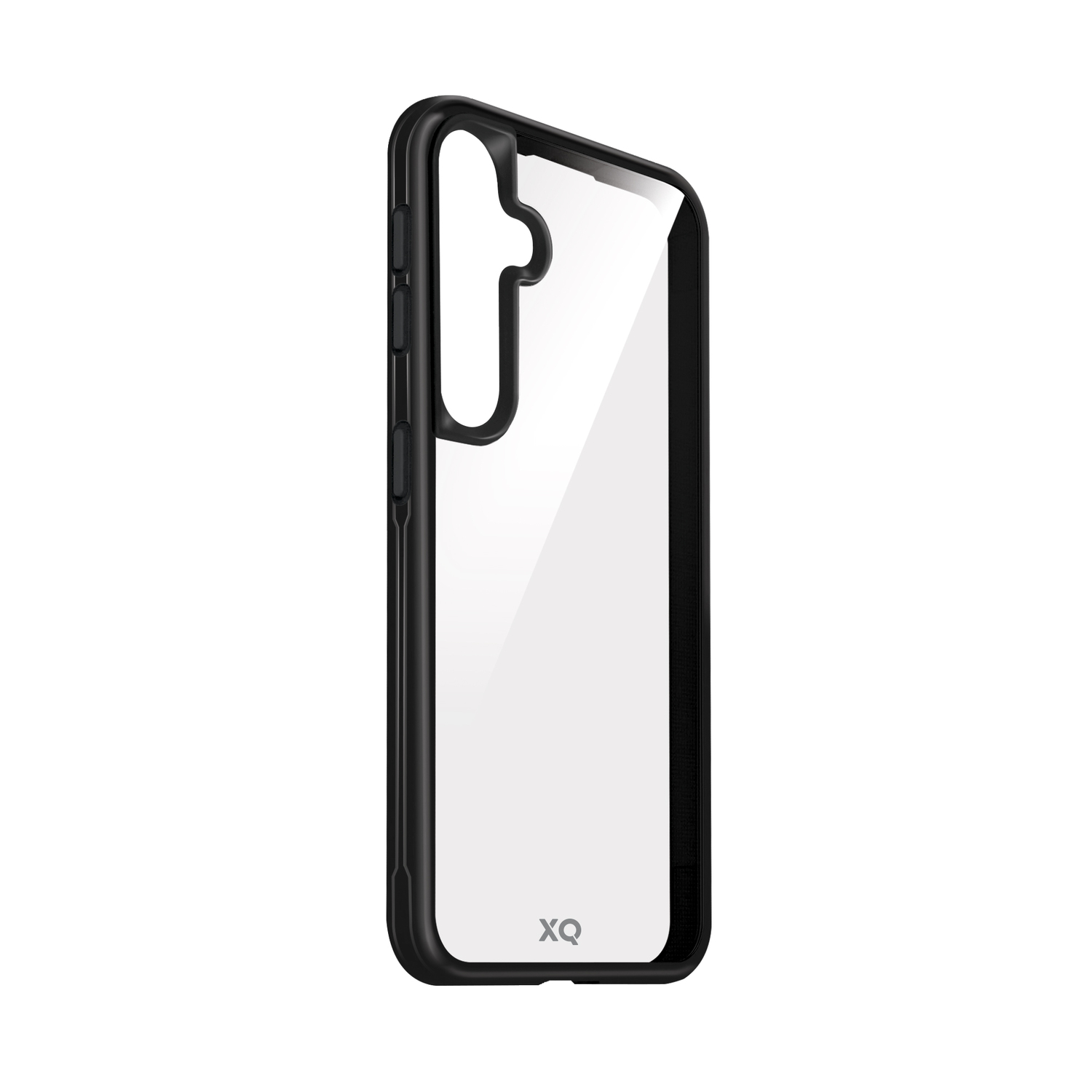 Une coque de téléphone transparente. Le cadre est noir, le dos transparent.