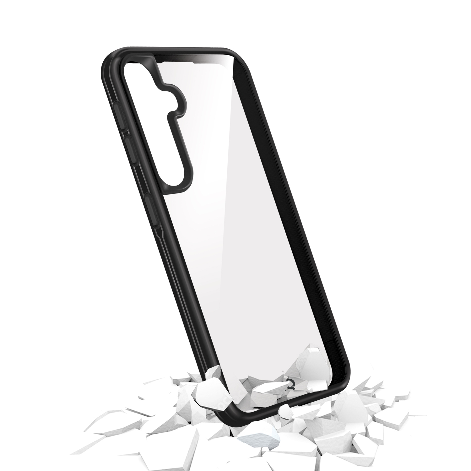 Coque de téléphone transparente avec bord noir, sol fissuré.