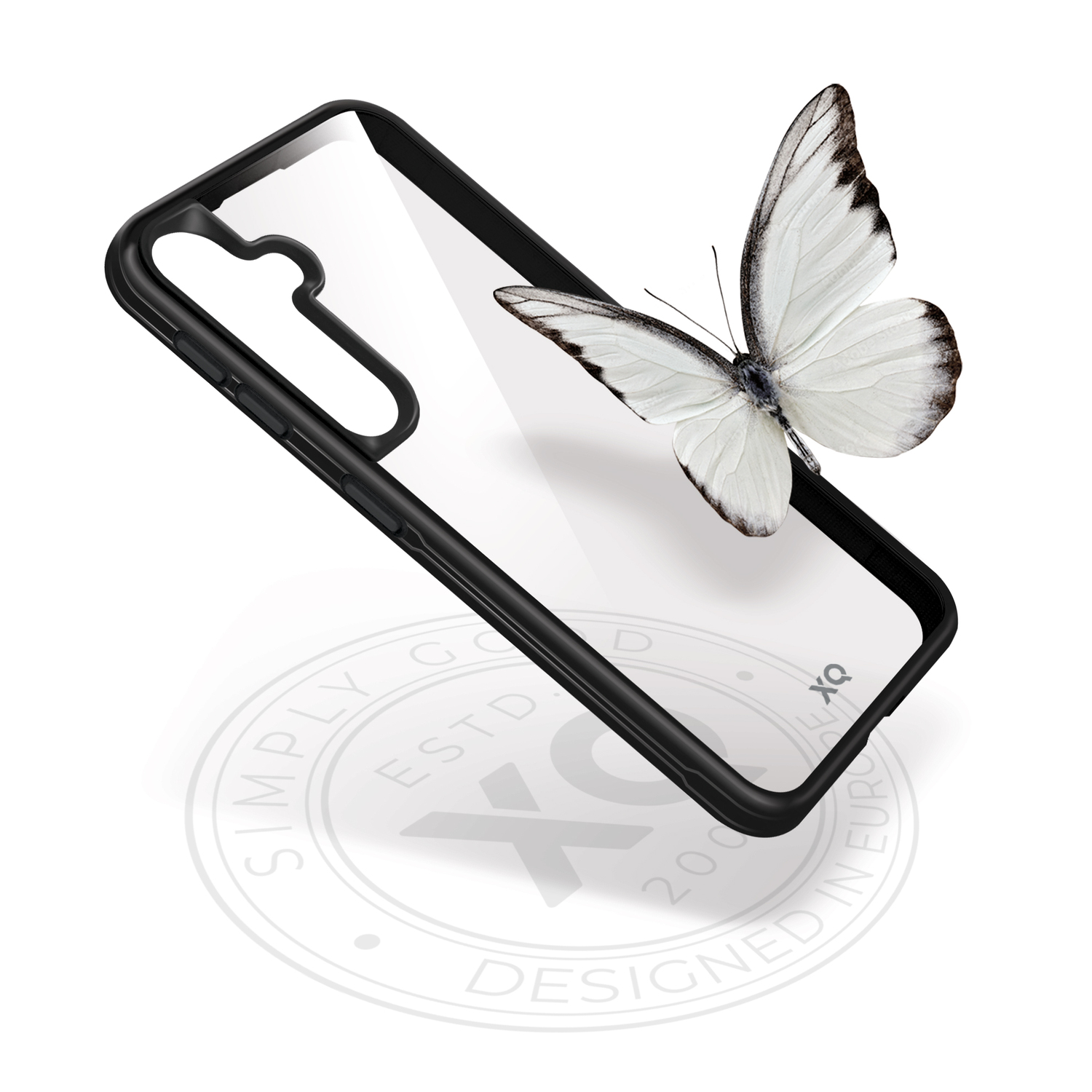 Coque noire avec dos transparent, papillon au-dessus.