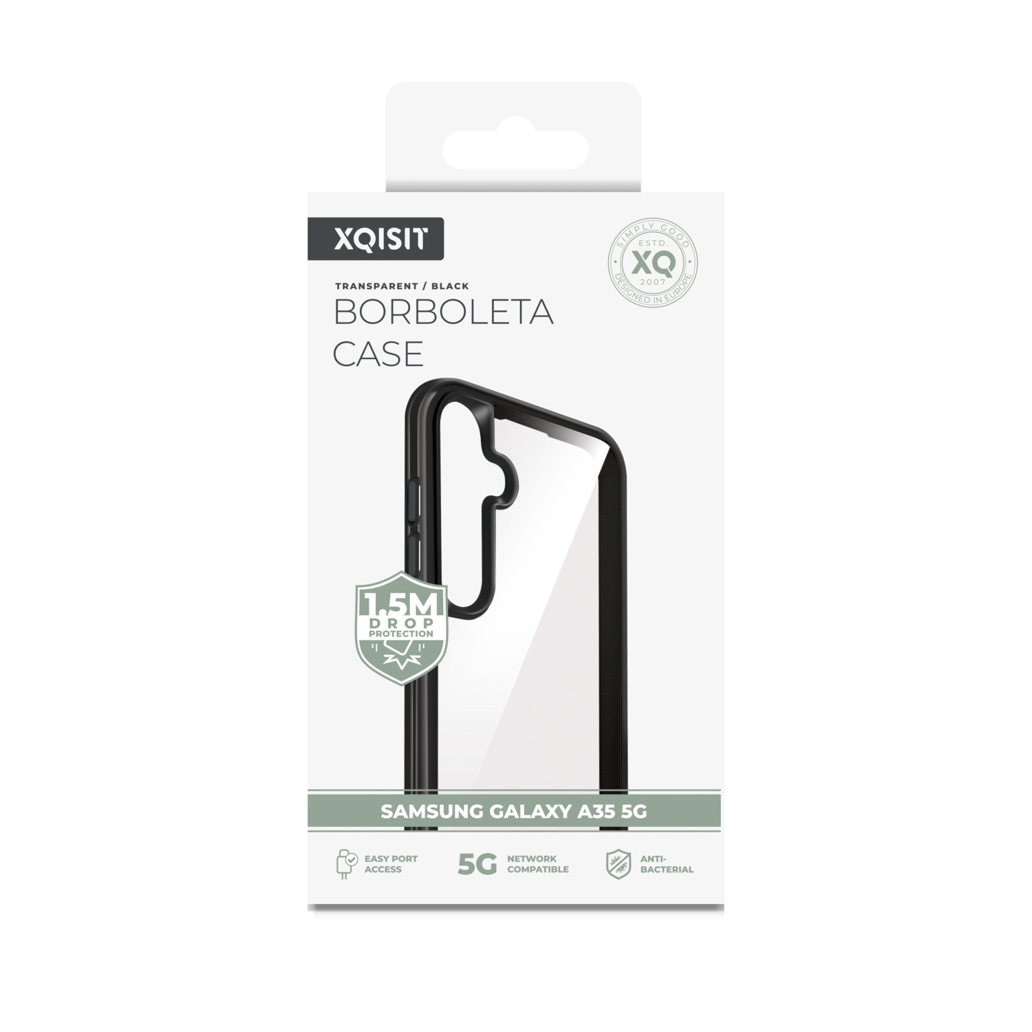 Emballage d'étui de téléphone, noir et blanc, avec contour de l'étui visible.