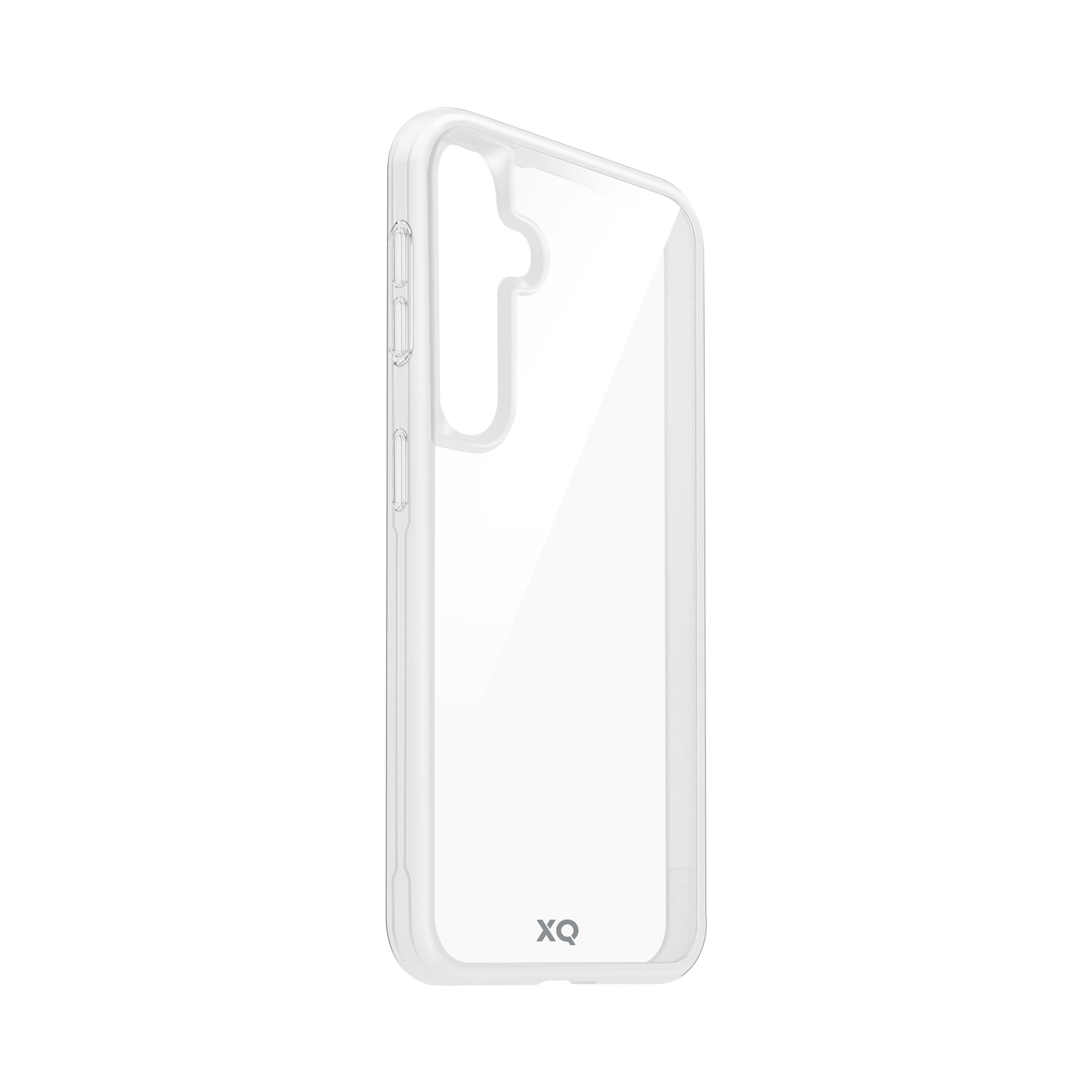 Une coque de téléphone transparente, avec un design fin, montrant les boutons latéraux et un cadre transparent.