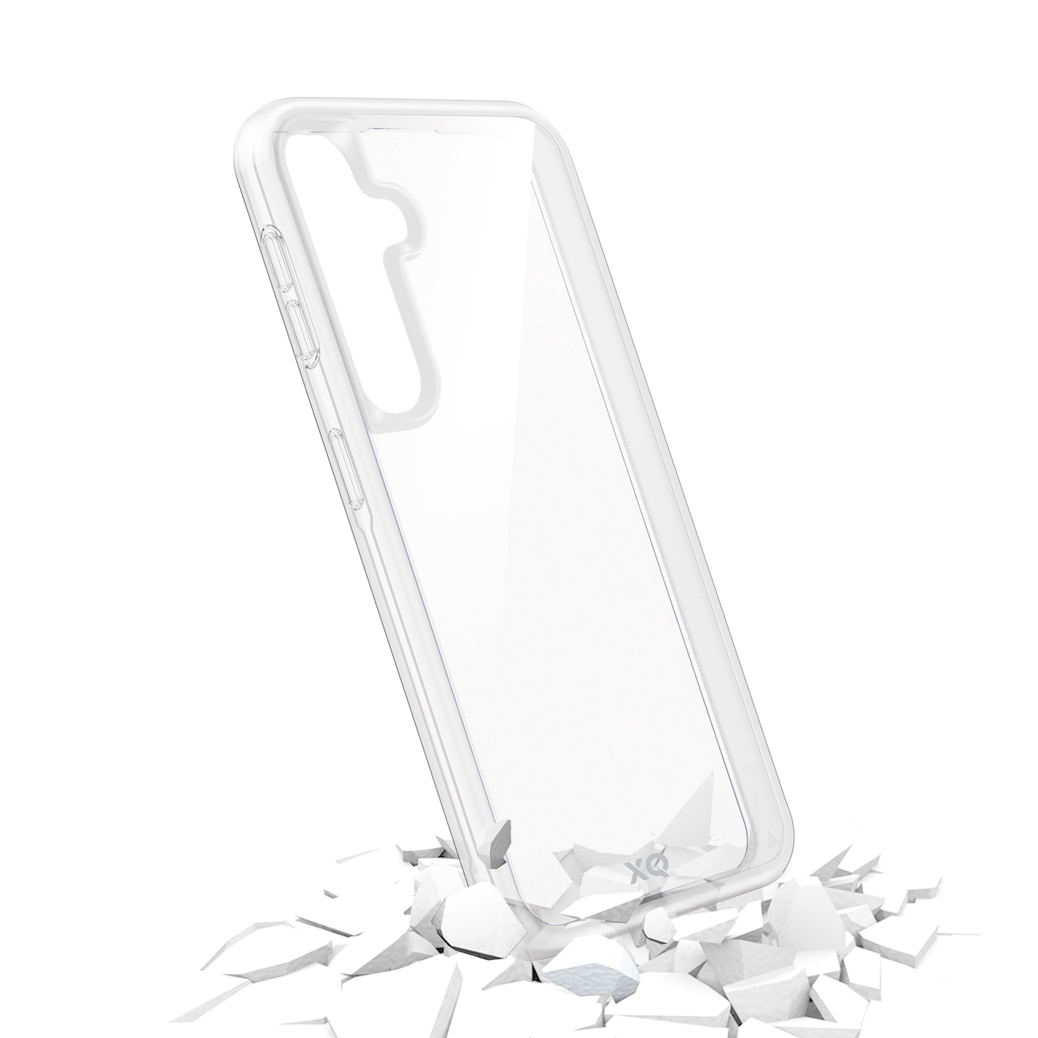Coque de téléphone transparente sur une surface blanche avec des morceaux cassés.