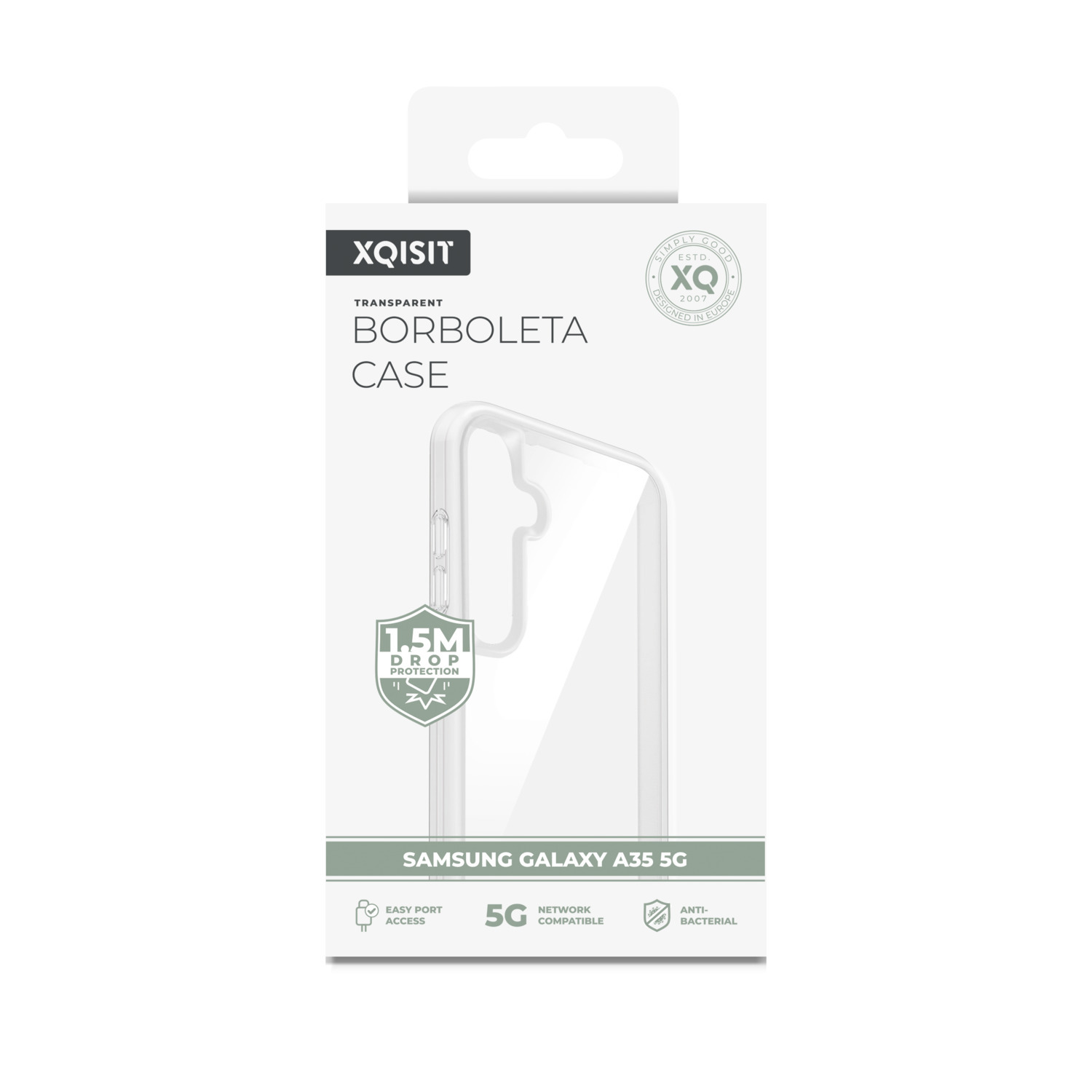 Une coque de téléphone transparente pour un Samsung Galaxy A35 5G, avec un badge de protection contre les chutes.