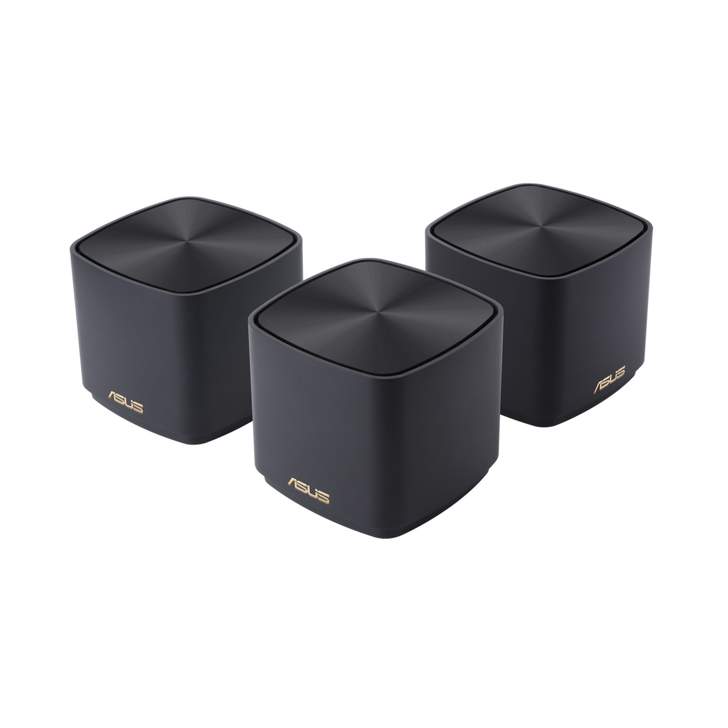 Trois appareils noirs en forme de cube avec des dessus arrondis et le logo 'ASUS'.