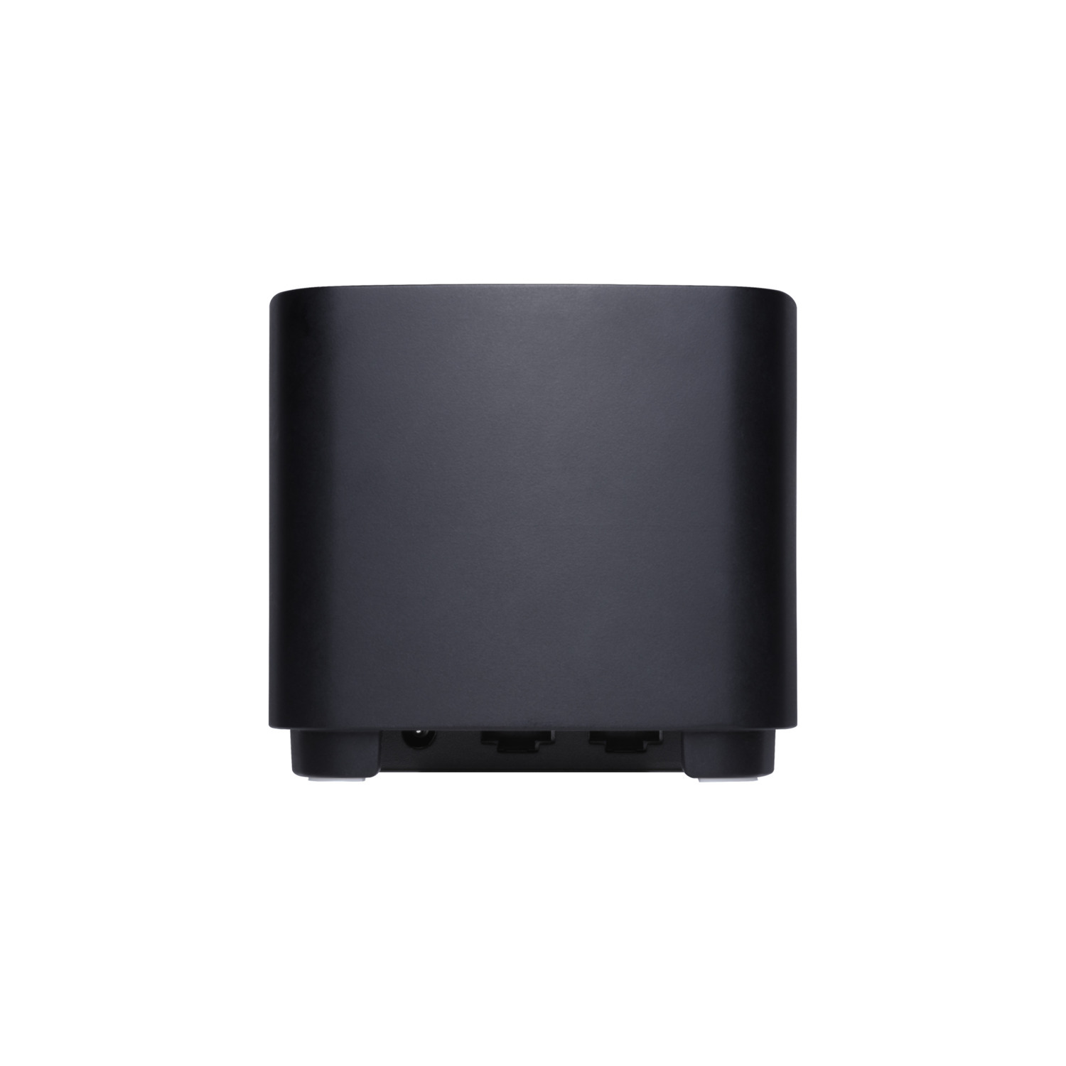 Un haut-parleur cylindrique noir sur une surface blanche, montrant un design simple.