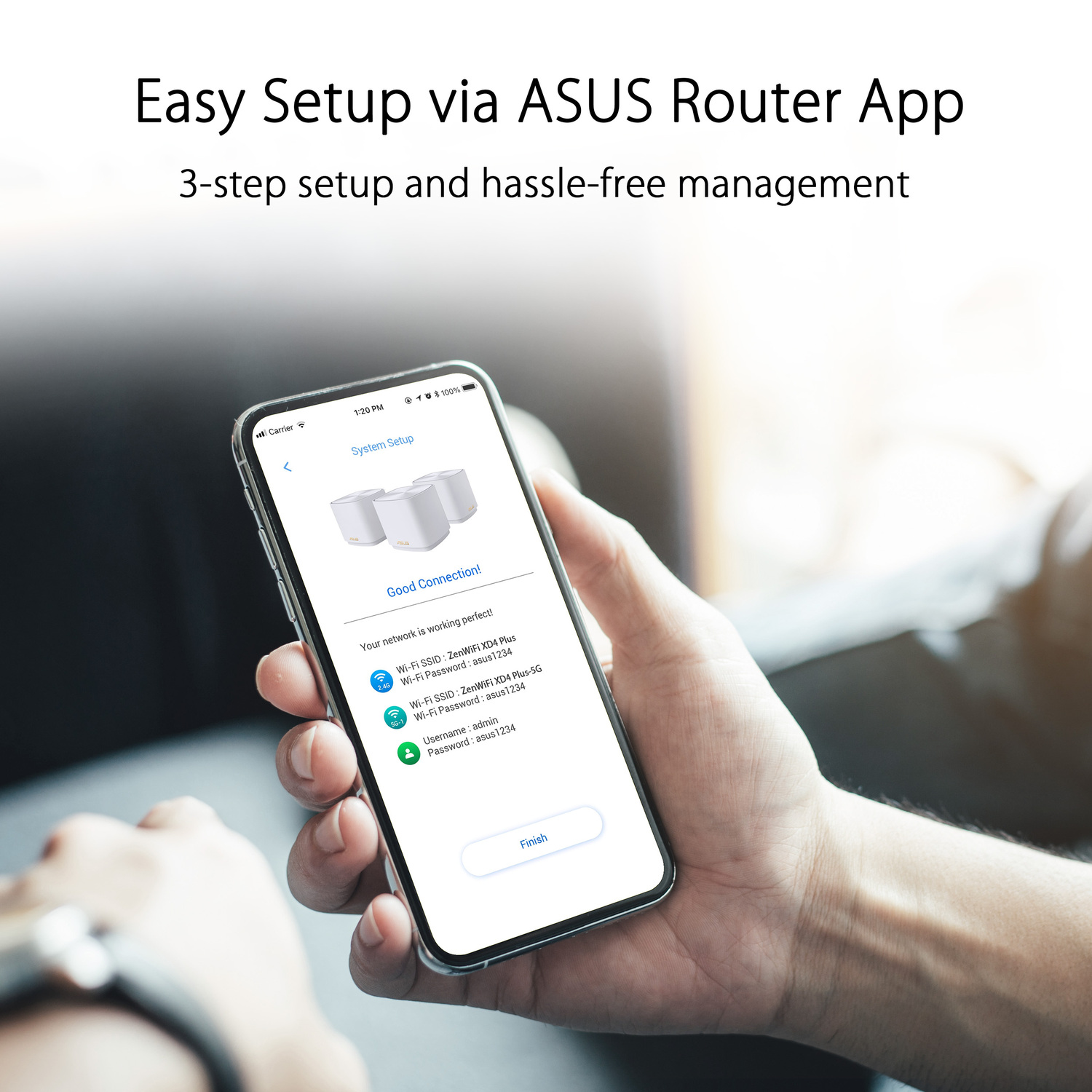 Main tenant un smartphone affichant l'écran de configuration de l'application routeur. Texte : 'Easy Setup'.