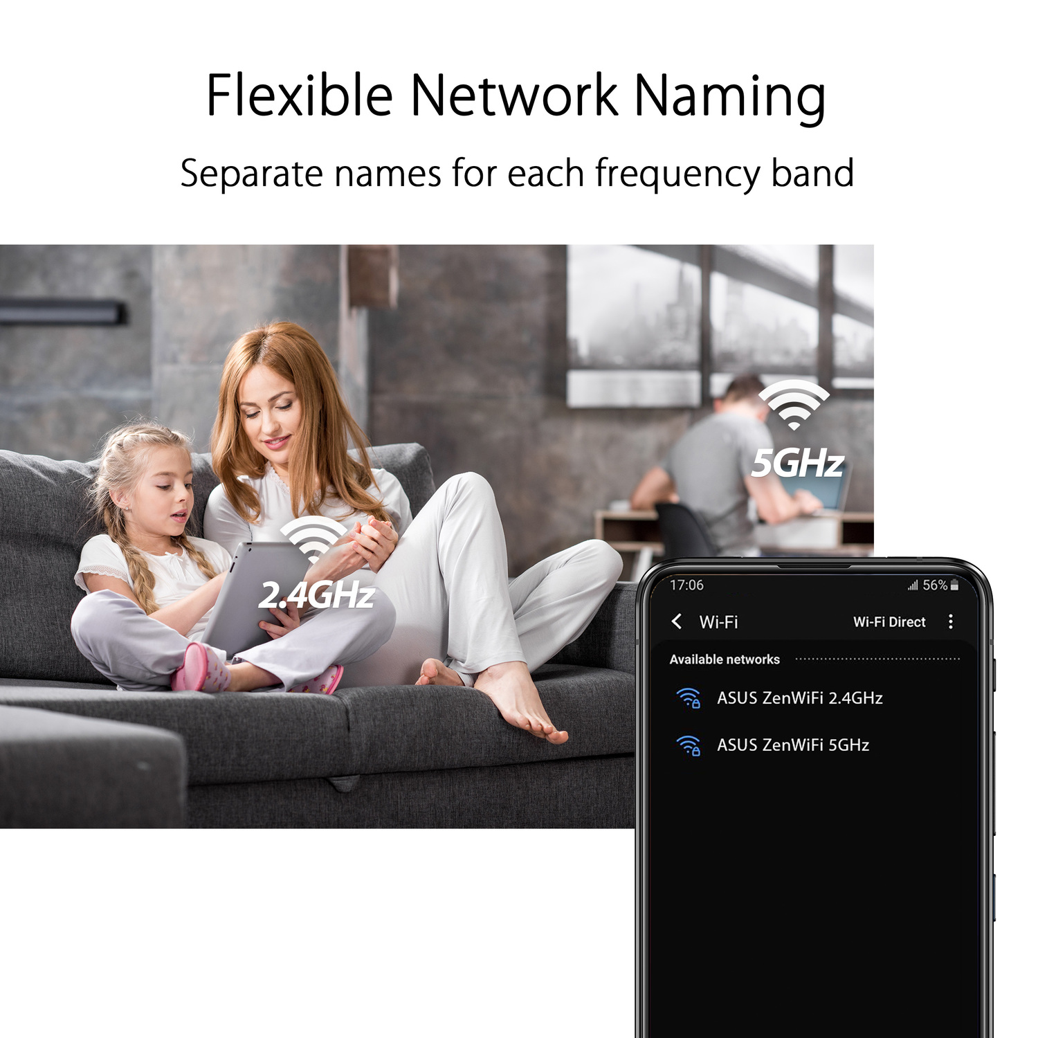 Femme et enfant sur un canapé utilisant une tablette, icônes Wi-Fi affichées.